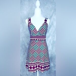 Dark Teal and Cranberry Print Mini Dress with Braided Straps Sz Small by EQ:IQ